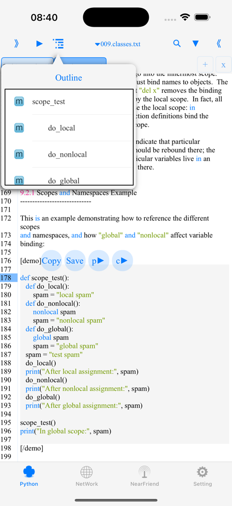 Python code outline menu and programming lesson in a mobile app