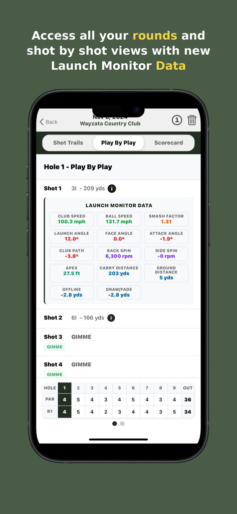aG Locker - aG Locker app interface showing detailed launch monitor data for a golf shot including ball speed and launch angle