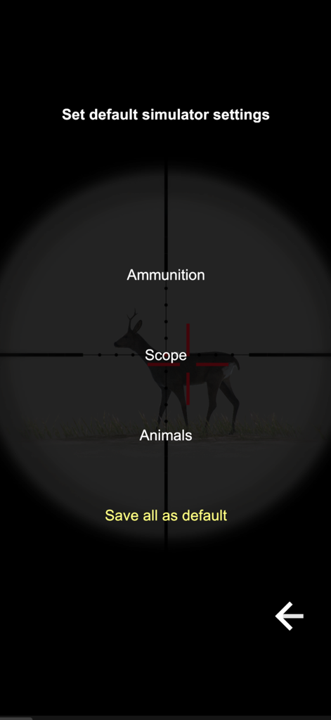 NorneHunt - Pantalla de la aplicación NorneHunt que muestra la configuración predeterminada del simulador con una mira sobre un modelo 3D de ciervo.