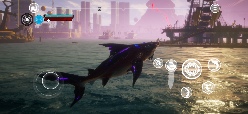 Maneater - An evolved shark with purple glowing parts swimming near a coastal city pier in the Maneater game