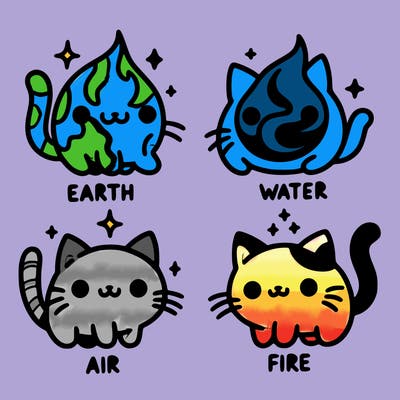 4 cats that represent the different elements, earth, water, air, and fire