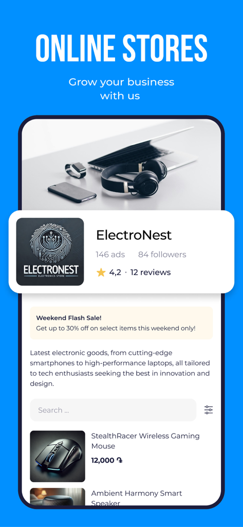 List.am - Armenian Marketplace - List.am marketplace app displaying an online electronics store profile with a flash sale banner