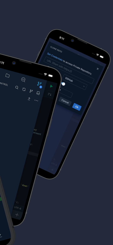 Spck Editor app interface showing Git repository cloning and mobile code editing tools on a dark theme.