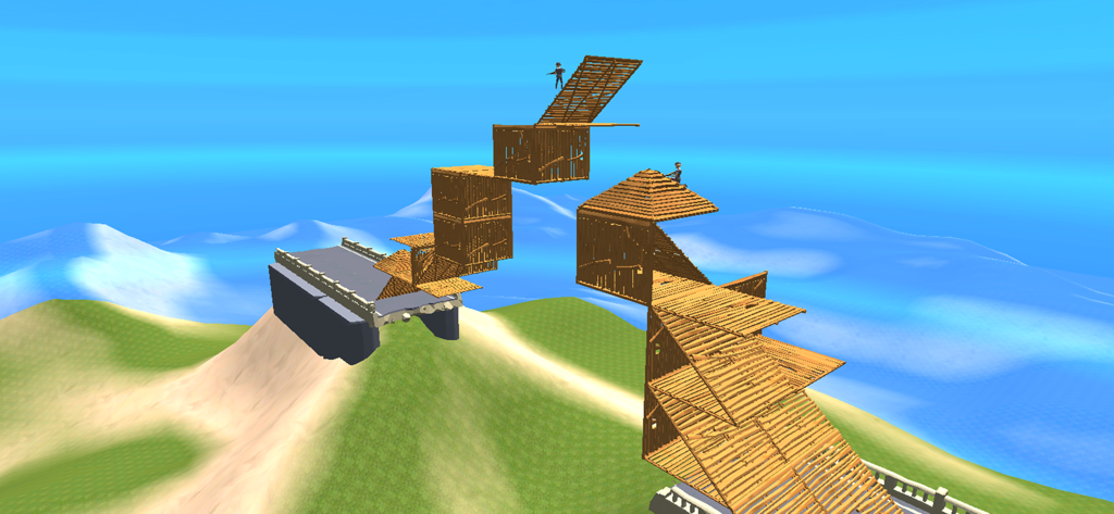 Gameplay zeigt komplexe Holzstrukturen, die von Spielern in BuildNow GG gebaut wurden