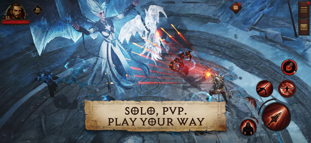 A gameplay screenshot of Diablo Immortal showing a character in an intense boss fight with text saying Solo PvP Play Your Way