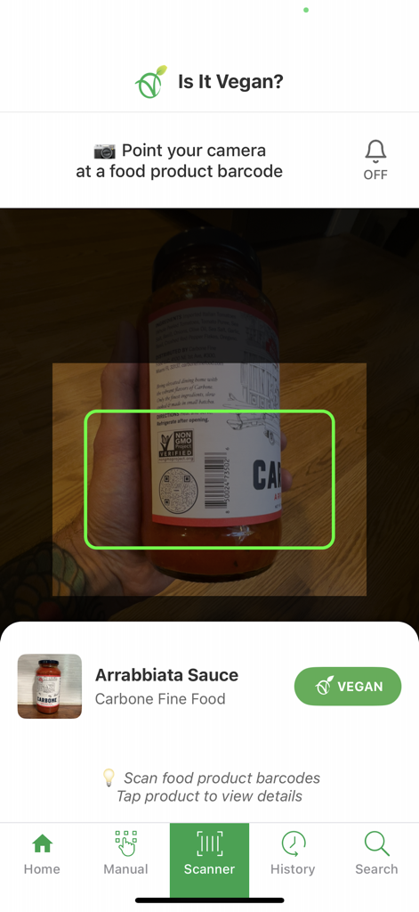 Is It Vegan? - A mobile app interface showing a barcode scanner identifying a jar of Arrabbiata sauce as vegan.