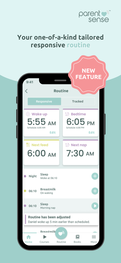 Parent Sense: Daily Baby Care - Parent Sense app showing a responsive daily baby routine with feeding and nap schedules