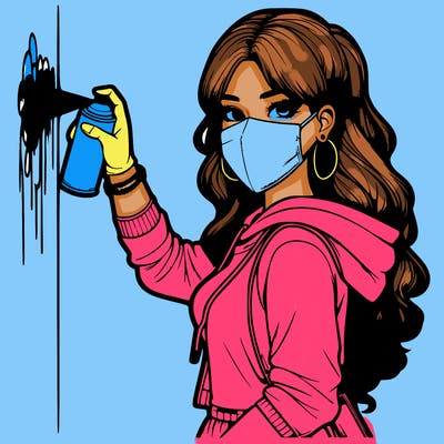 realistic girl with mask spray painting a wall
