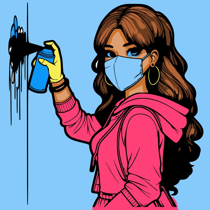 realistic girl with mask spray painting a wall