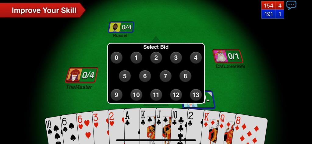 Spades+ - Bidding interface in Spades plus showing a select bid popup and a hand of cards on a green tabletop.