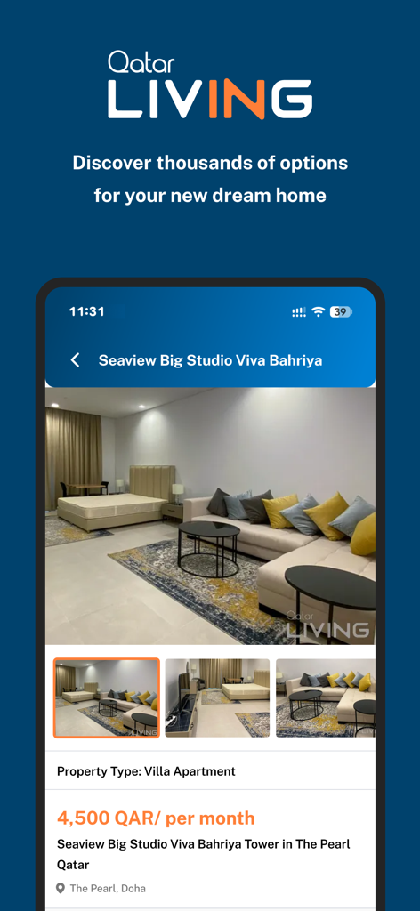 도하의 스튜디오 아파트에 대한 카타르 생활 앱 부동산 목록