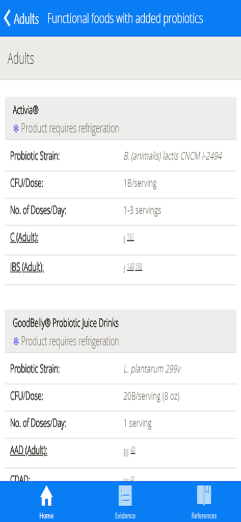 Captura de tela do aplicativo Probiotic Guide USA mostrando dados clínicos para alimentos funcionais com probióticos adicionados para adultos