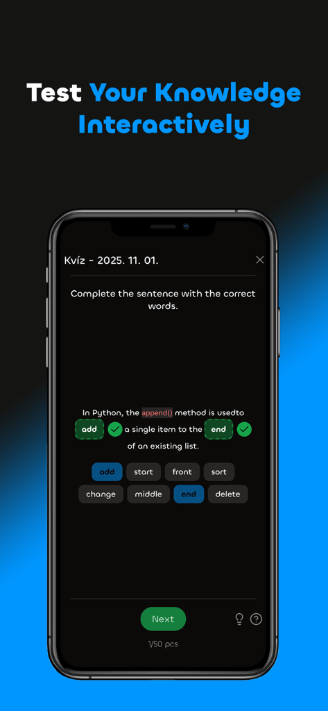 Skillion: Study Smarter - Un iPhone mostrando un cuestionario interactivo de codificación en la aplicación Skillion con el titular Pon a Prueba Tus Conocimientos Interactivamente.