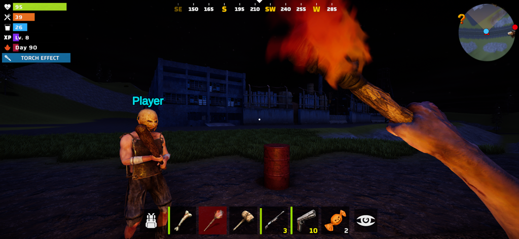 Just Survival Multiplayer - First-person perspective of a player holding a flaming torch at night near another survivor in Just Survival Multiplayer