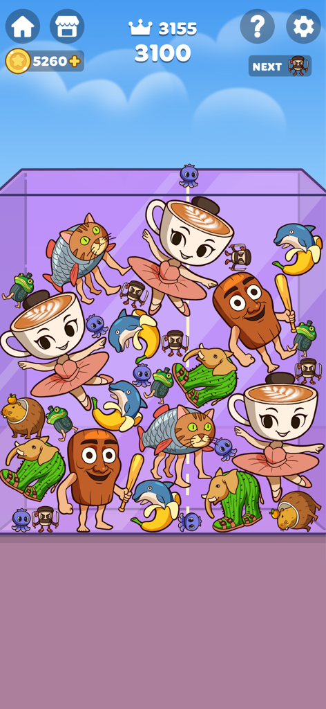 Brainrot Merge: Drop Puzzle - Gameplay screen of Brainrot Merge Drop Puzzle showing various viral internet meme characters being merged in a container.