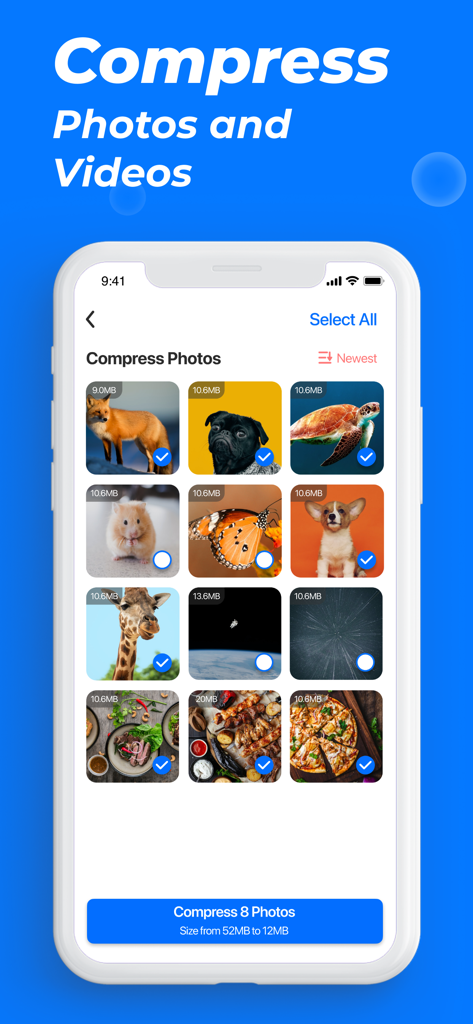 Phone Cleanerアプリの画面。写真の圧縮によるストレージ容量の節約を表示。