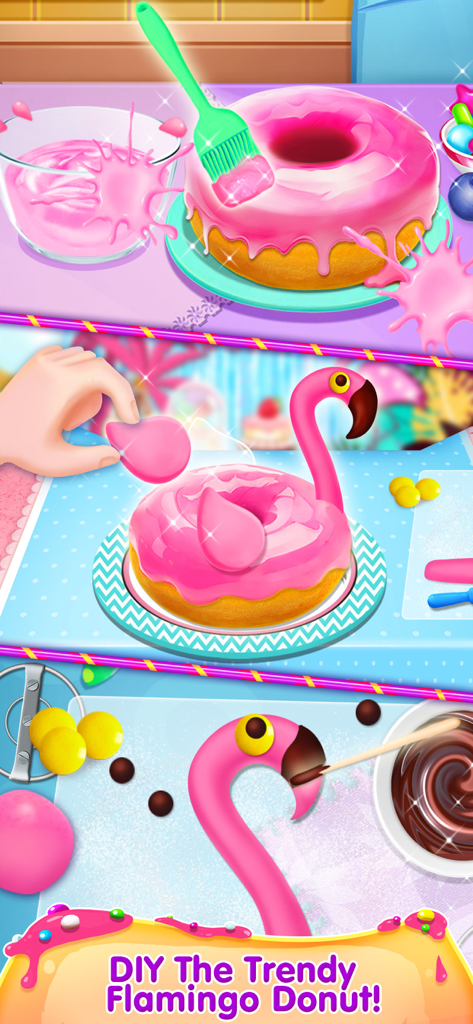 Donut Maker - Cooking Games! - A pink flamingo donut being decorated with frosting and candies in a kids cooking game