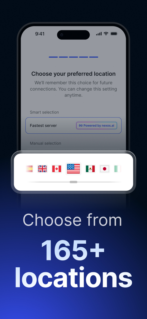 NordVPN app interface showing global server location choices with national flags and 165 plus locations option