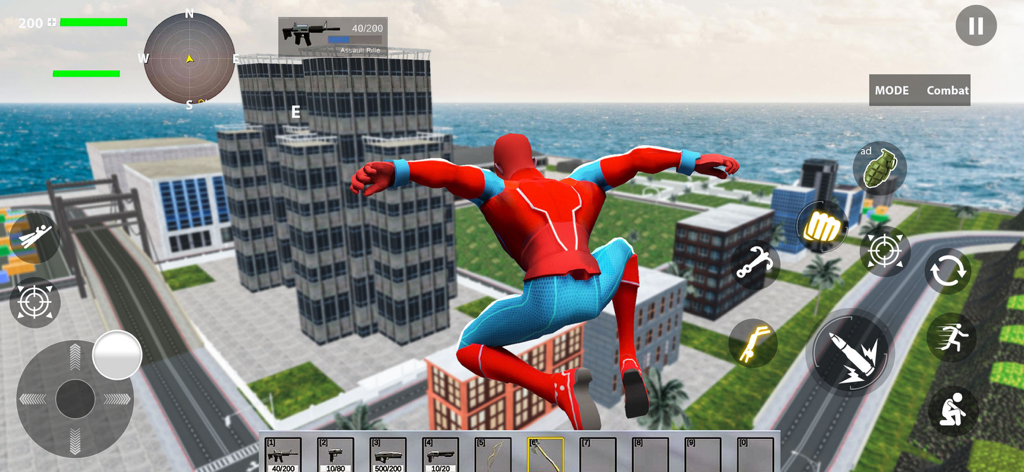 Superhero jumping over a 3D coastal city in Superhero Simulator Fighter 3d
