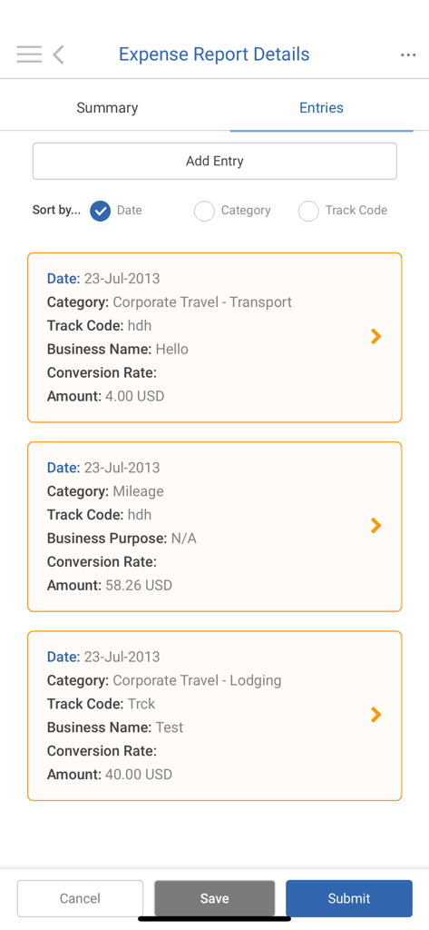 Workforce Logiq Mobile app interface showing expense report entries for travel mileage and lodging