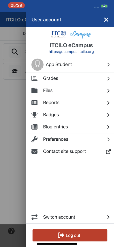 ITCILO eCampus - Menu dell'account utente dell'app ITCILO eCampus che mostra opzioni di apprendimento come voti, badge e file