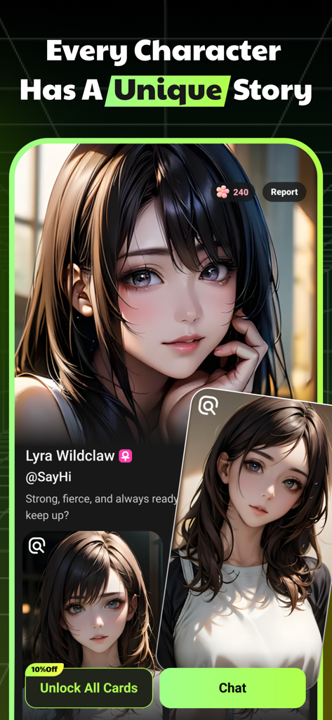 SayHi: Chat Now - Screenshot of SayHi app featuring an anime character named Lyra Wildclaw with options to chat and unlock character cards
