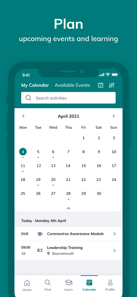 A screenshot of the Access Learning app calendar interface displaying scheduled training modules and professional development events.