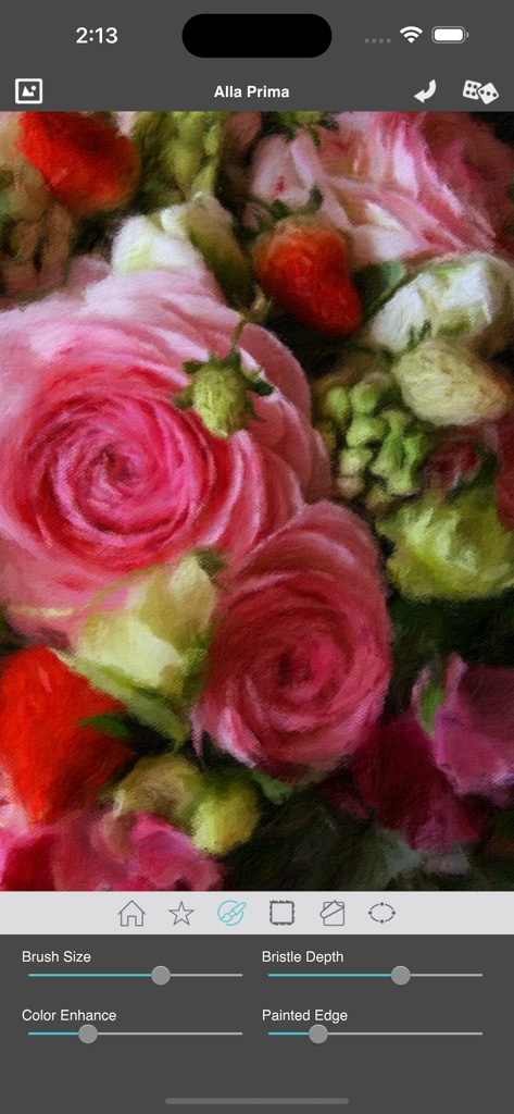 Artista Impresso - Captura de pantalla de la aplicación Artista Impresso que muestra una foto de rosas y fresas convertida en una pintura impresionista con herramientas de ajuste de pincel y color