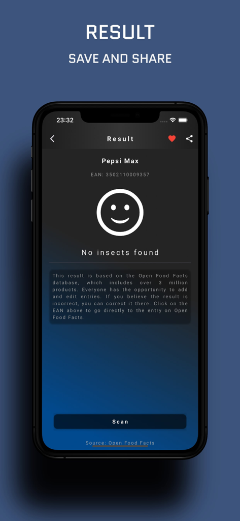 Insect Food Scanner - Die Insekten-Lebensmittelscanner-App zeigt einen positiven Ergebnisbildschirm an, bei dem für Pepsi Max keine Insekten gefunden wurden.