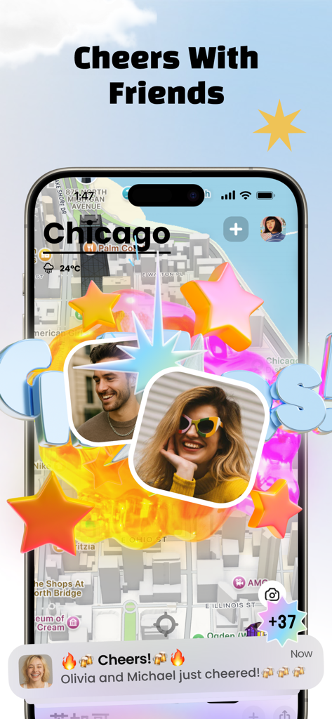 Interfaz del mapa de la aplicación Jagat que muestra a dos amigos animándose mutuamente en Chicago con estrellas y emojis coloridos.