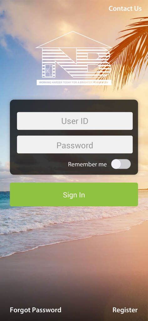 Login screen for SKNANB MoBanking app with a tropical beach background and sign in fields