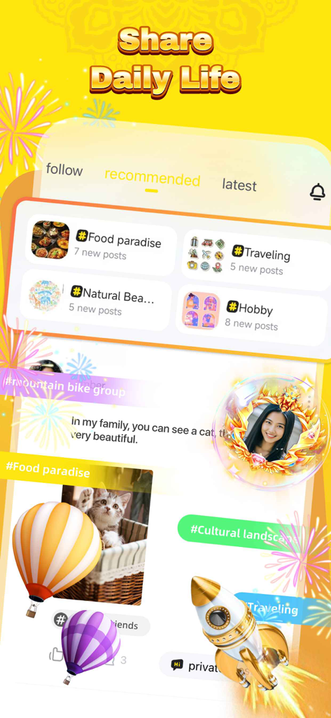 Waki Star-Group Voice Chat - Waki Star social media feed screen titled Share Daily Life showing various community hashtags and posts
