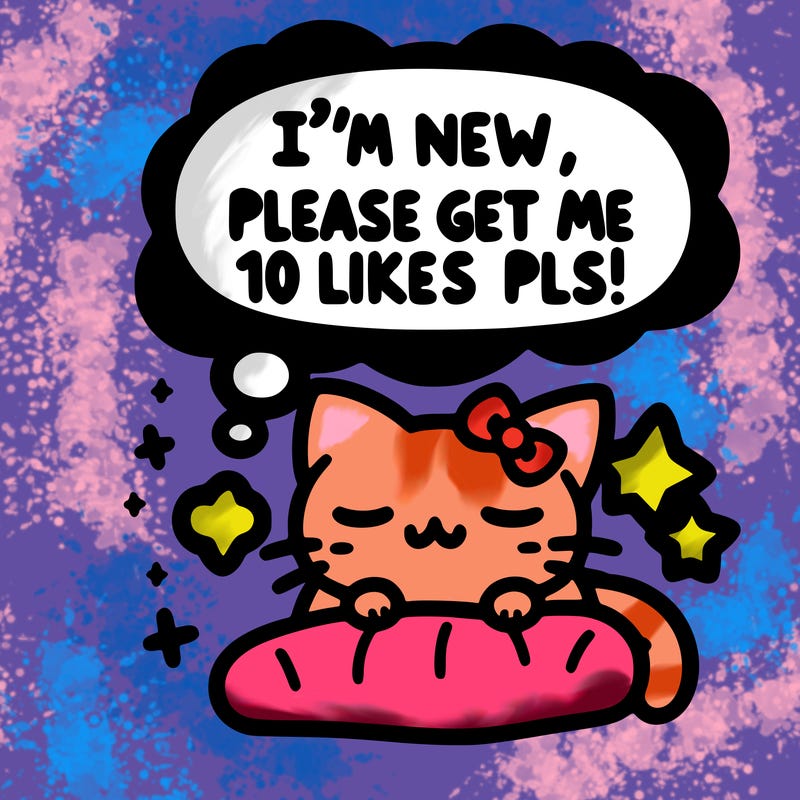 kitty taking a nap dream talking and saying "i'm new, please get me at least 10 likes pls!!"