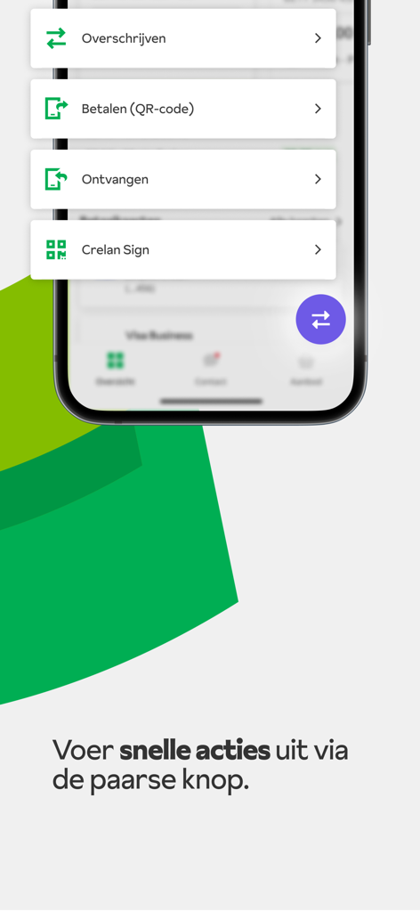 Oberfläche der Crelan Mobile App, die das Menü für schnelle Aktionen mit Optionen für Überweisungen und QR-Zahlungen anzeigt