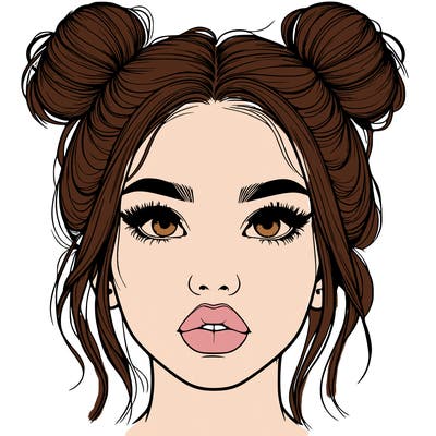 realistic girl with two buns on her hair and lips