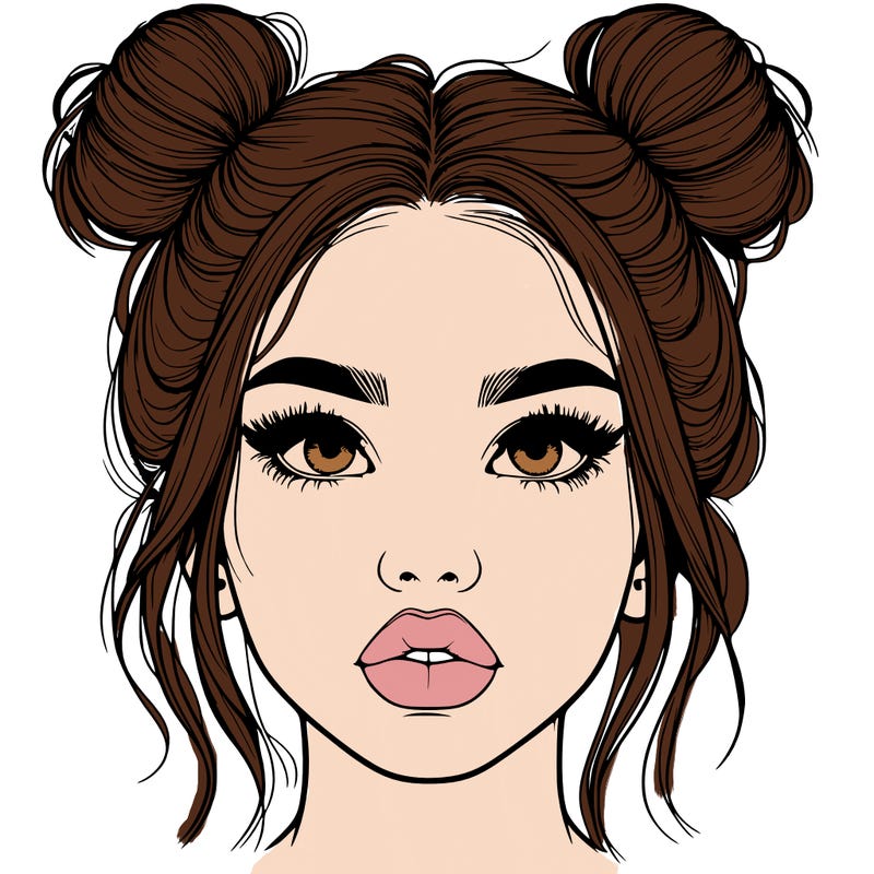 realistic girl with two buns on her hair and lips