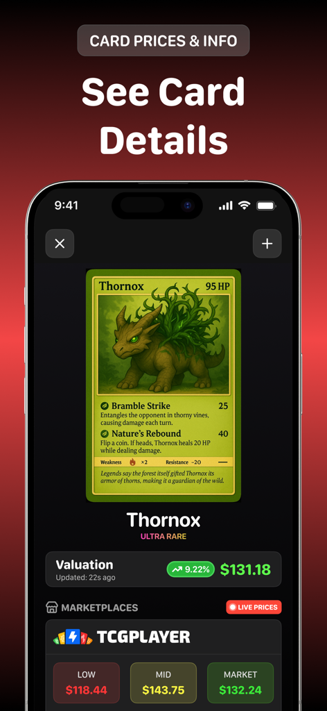 Pricedex 앱에서 트레이딩 카드의 상세한 가치 평가 및 시장 가격을 표시하는 스마트폰 화면.