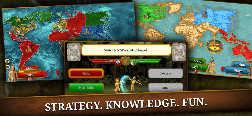 Triviador gameplay screens featuring a trivia question and a strategic world map for territory conquest.