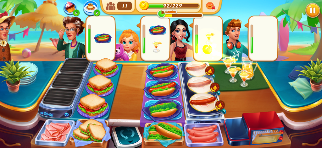 Chef Adventure: Cooking Games - Gameplay of Chef Adventure showing a beach restaurant where the player serves hot dogs and sandwiches to customers.
