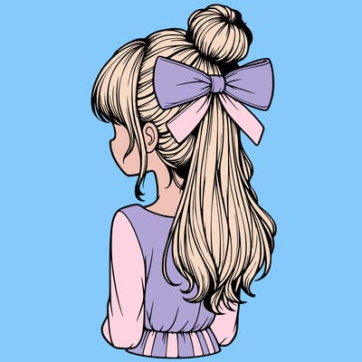 realistic girl  with hip length hair a bun and a big bow on the back of head