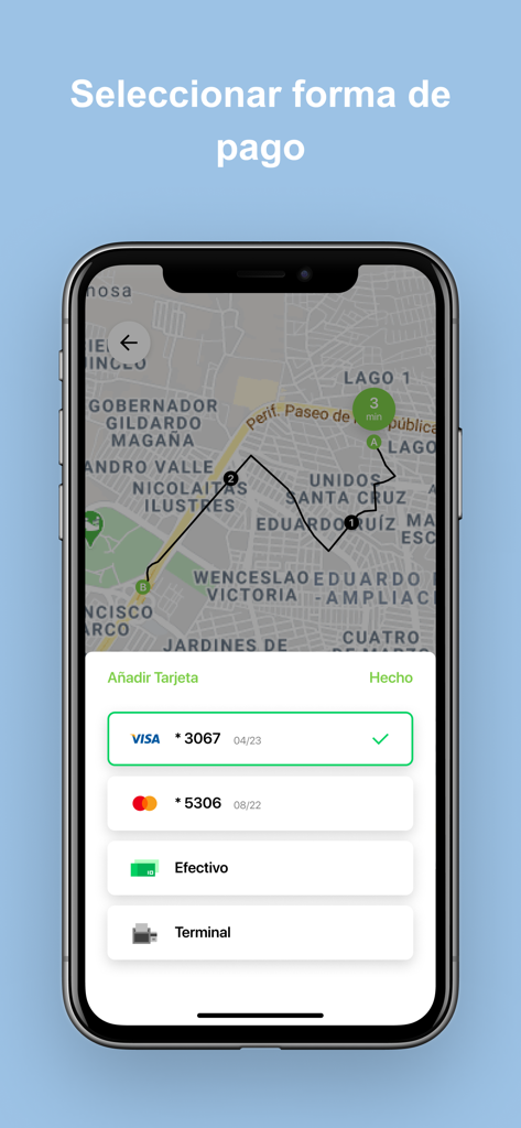 Bit Pro配車アプリの支払い方法選択画面。地図が背景に表示されています