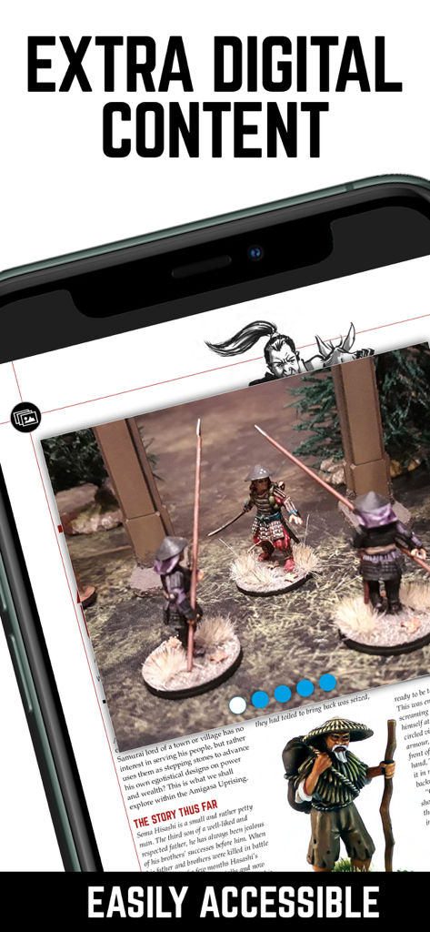 Un smartphone que muestra un artículo digital de la revista Miniature Wargames con miniaturas de samuráis pintadas