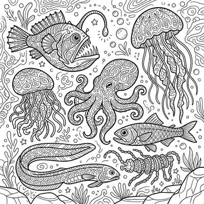 Embark on an artistic journey to the ocean's mysterious depths with this stunning adult coloring page featuring an array of deep-sea creatures. Each organism is rendered with intricate patterns, offering a captivating and relaxing coloring experience for enthusiasts.