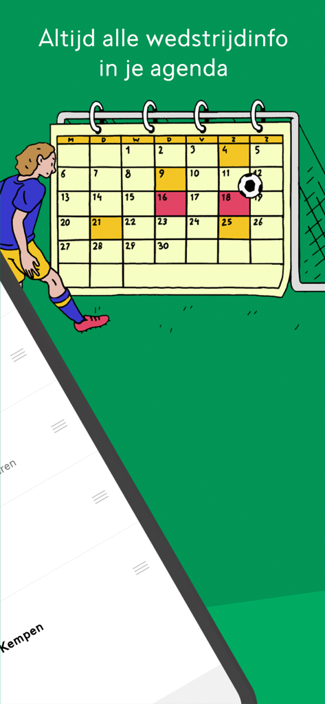 Cartoon illustration of a soccer player kicking a ball at a calendar inside a goal representing match schedules