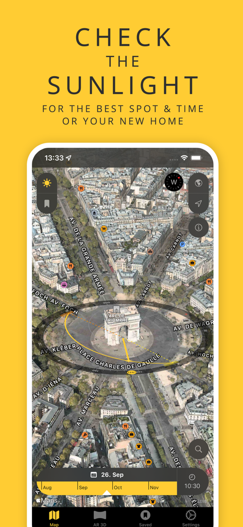 SunOnTrack app showing sun path and shadow simulation on a 3D map for real estate and sun exposure planning.