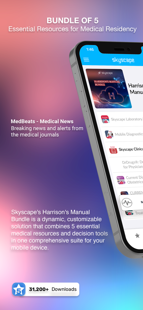Harrison Manual Medicine app interface showing a bundle of five essential resources for medical residency