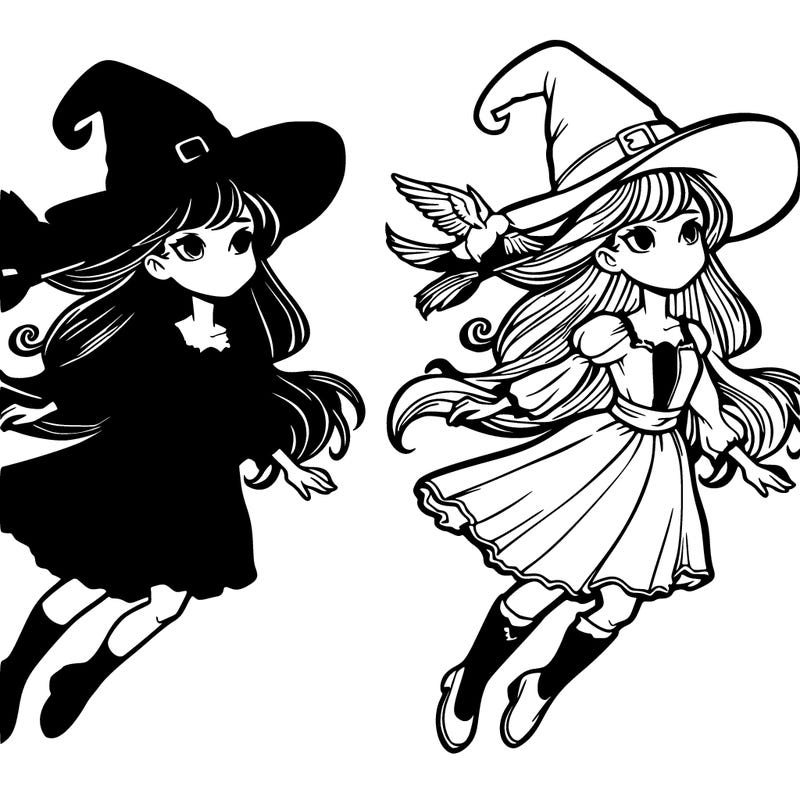 two witches flying with one green  one pink