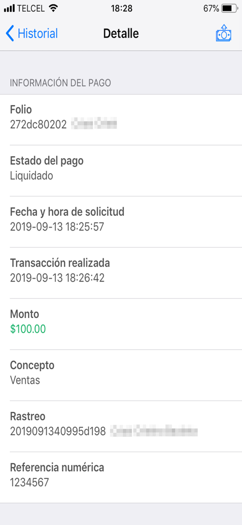 CoDi Banxico -solo para cobrar - Mobile screen showing transaction details including a settled payment of one hundred pesos for sales