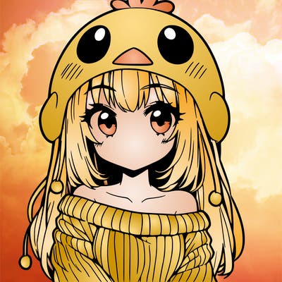 anime girl with chick shaped hat with sweater with bare shoulders with bangs covering them one eye with low tail