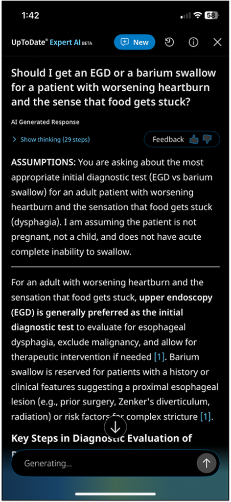 UpToDate Expert AI conversational interface providing clinical decision support for diagnostic tests